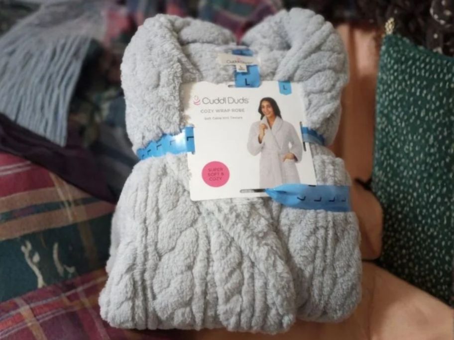 Cuddl Duds Women's Robe package on bed