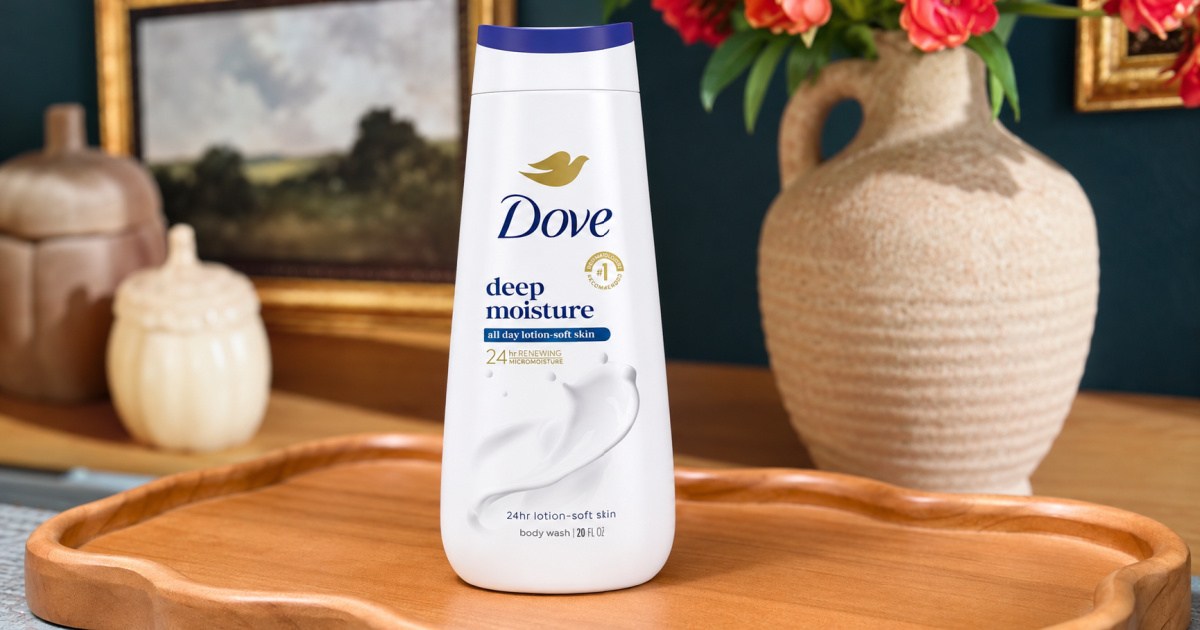 Dove body wash on wooden tray