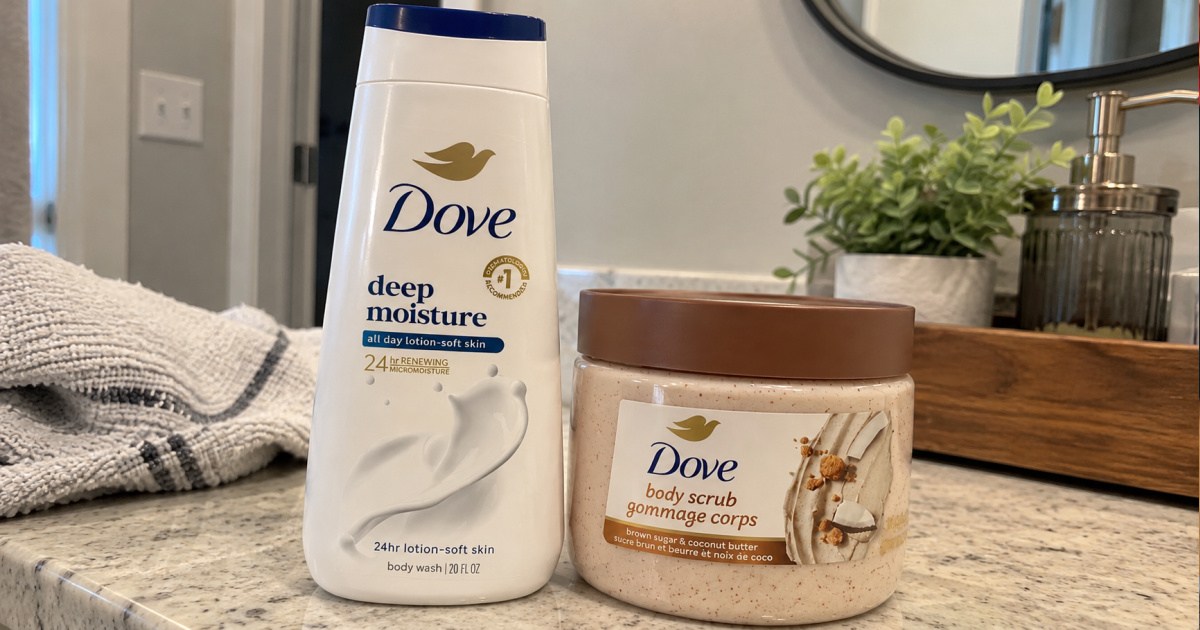 Dog lotion and body scrub on bathroom counter