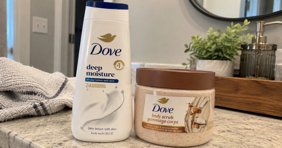 Dog lotion and body scrub on bathroom counter