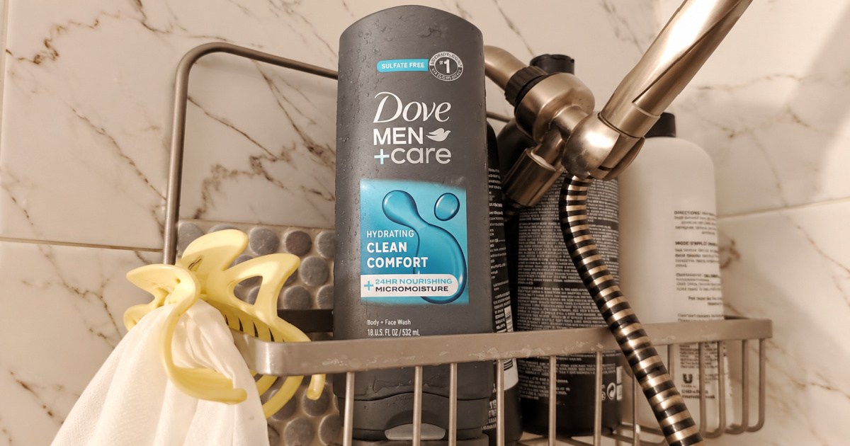 Dove men's care body wash inside shower next to other bath products