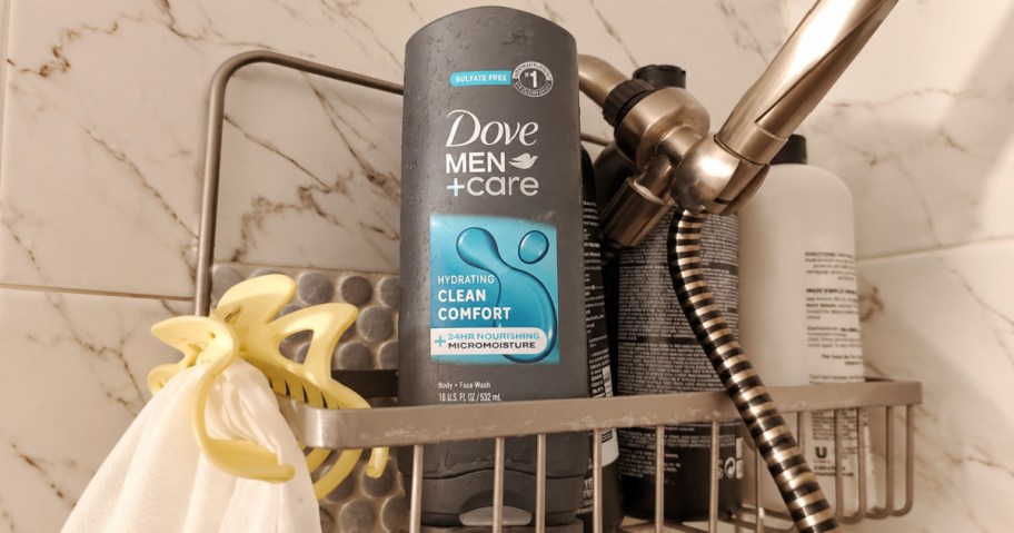 Dove men's care body wash inside shower next to other bath products