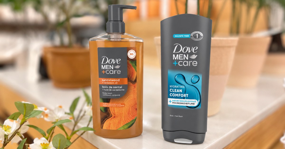 dove men care body washes on white countertop