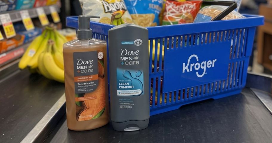 Bottles of Dove Men's Body Wash with a Kroger Shopping Basket on a register conveyer belt