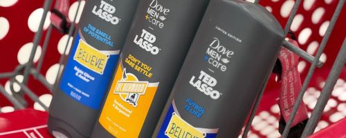 3 Bottles of Dove Men+Care ted Lasso Body Wash in a Target Shopping Cart