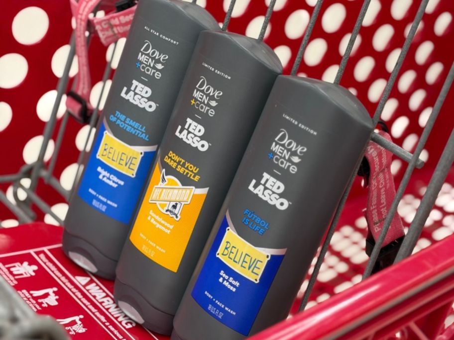 3 Bottles of Dove Men+Care ted Lasso Body Wash in a Target Shopping Cart