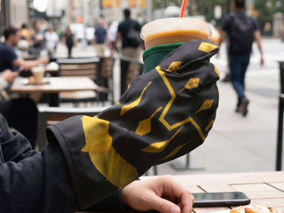 person holding Dunkin' x Avengers Doomsday glove cup sleeve