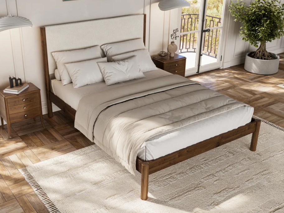 Ebern Designs Ardin Solid Wood Bed Frame With Cream Boucle Upholstered Headboard