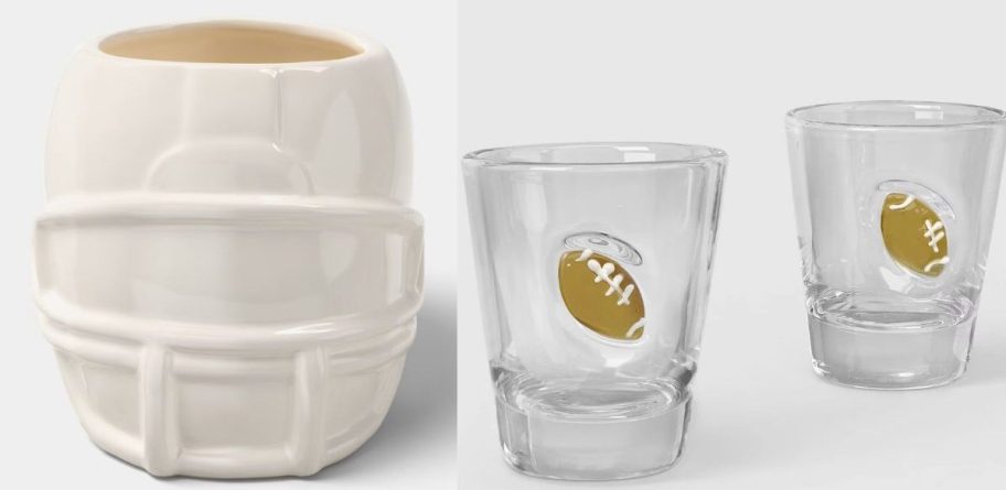 Foot ball mug and shot glasses