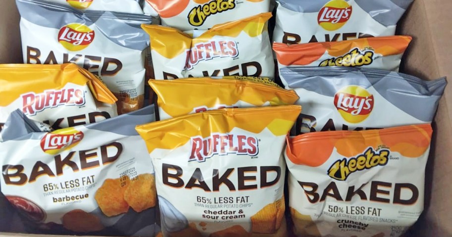 individual bags of Frito-Lay Baked snack bags in a cardboard box