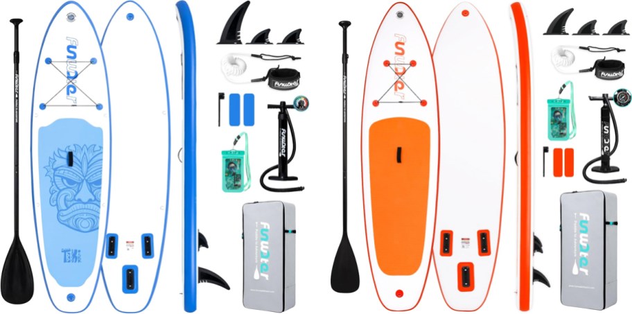 blue and orange paddle boards with accessories