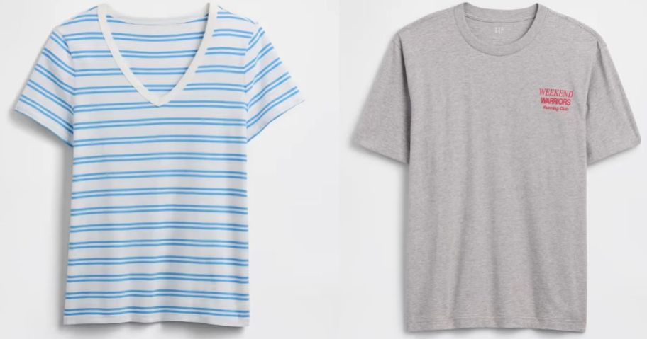 Stock images of women's and men's tees from Gap Factory