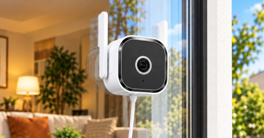 white and grey camera stuck to a window