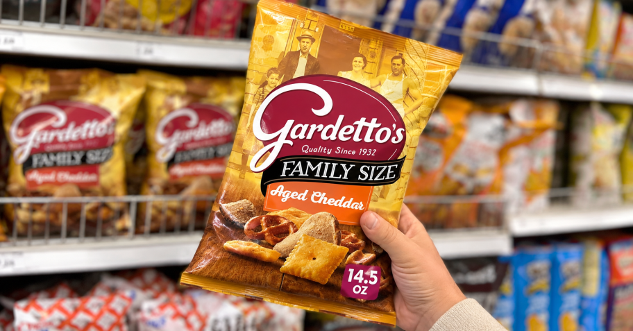 hand holding bag of gardetto's aged cheddar snack mix