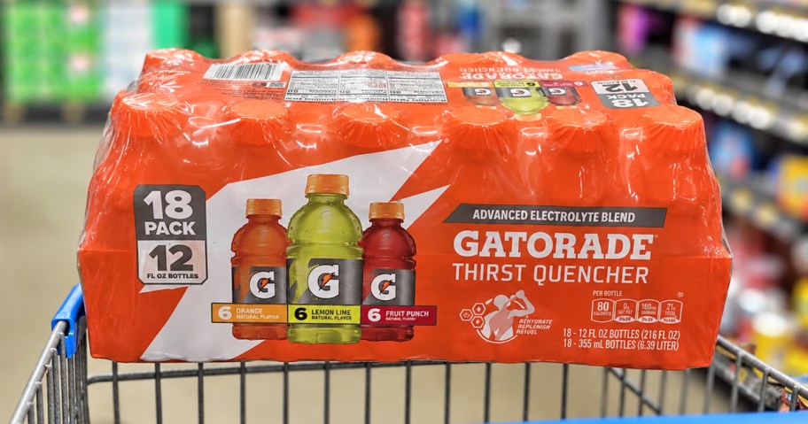 pack of gatorade bottles on a walmart cart