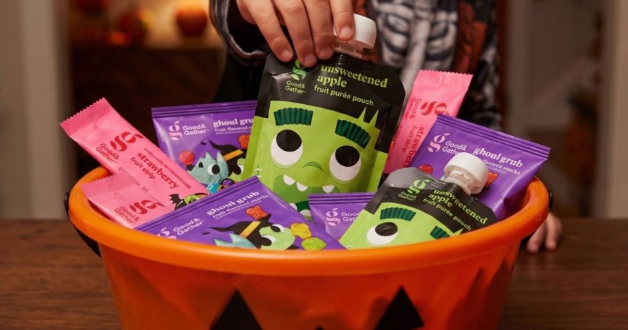 A halloween candy bowl filled with Good & Gather Halloween Snacks from target