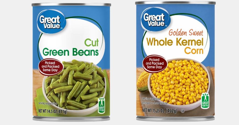 Great Value Cut Green Beans and corn cans
