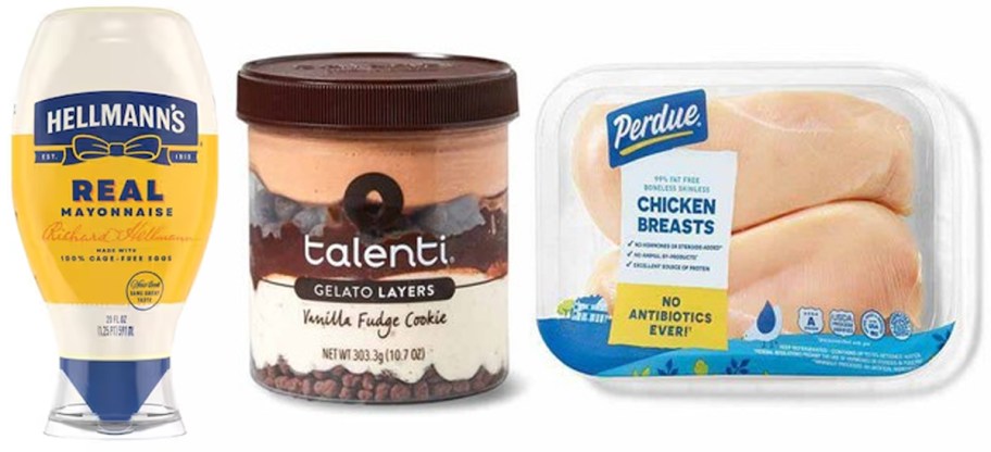 Hellman's Mayonnaise 20oz Squeeze Bottle, Talenti Gelato, Perdue Boneless Skinless Chicken Breasts Package