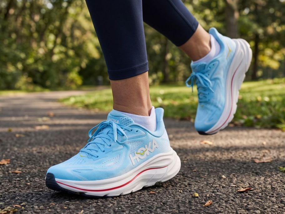 Woman's Feet wearing Hoka Clifton 10 running shoes