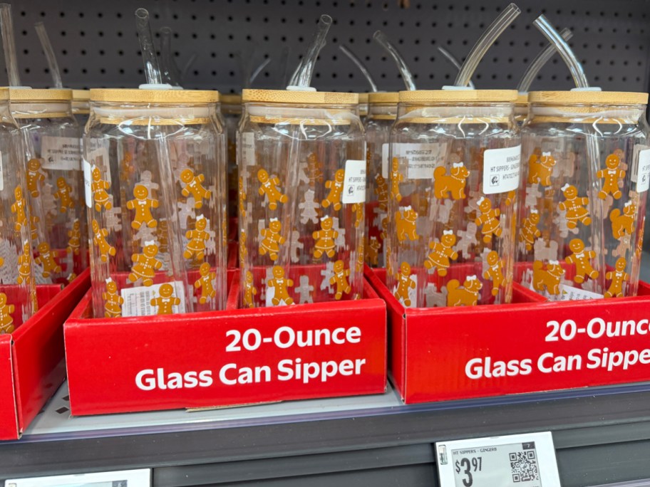Holiday Time 20 oz Gingerbread People Glass Can Sipper 2-Pack