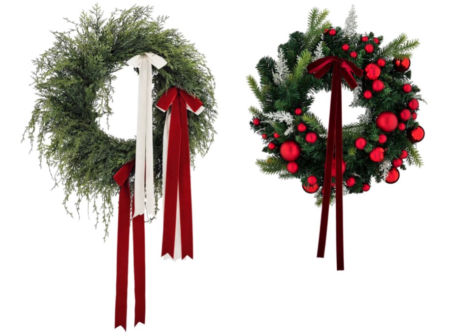 Holiday Time Evergreen Artificial Christmas Wreath with Bows and Evergreen Christmas Wreath with Ball Ornaments and Bow