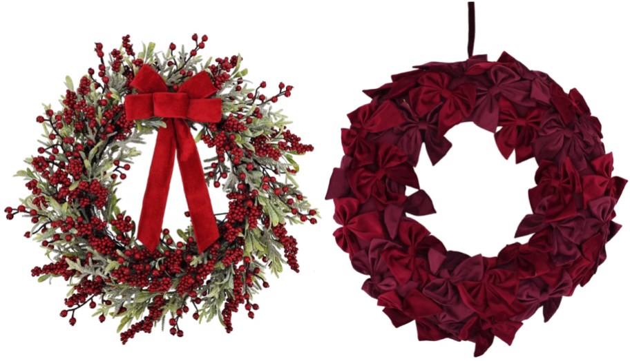 Holiday Time Frosted Evergreen and Eucalyptus Artificial Christmas Wreath with Berries and Bow and Velvet Bow Christmas Wreath