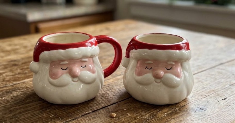 two santa shaped christmas mugs sitting on kitchen table