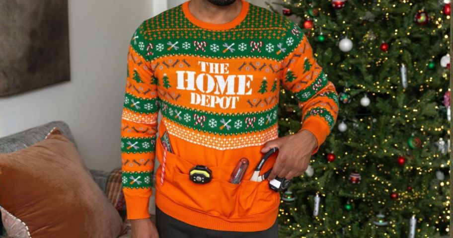 man wearing Home Depot's Holiday Sweater