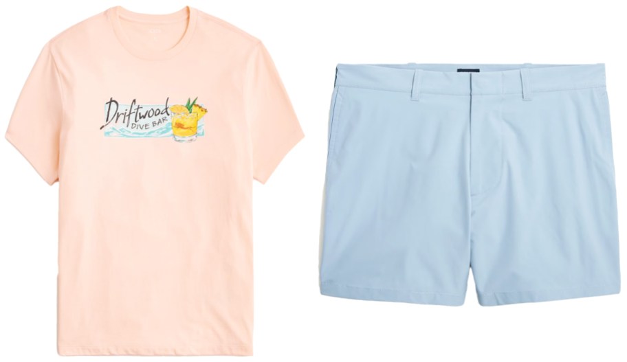 orange shirt and blue shorts