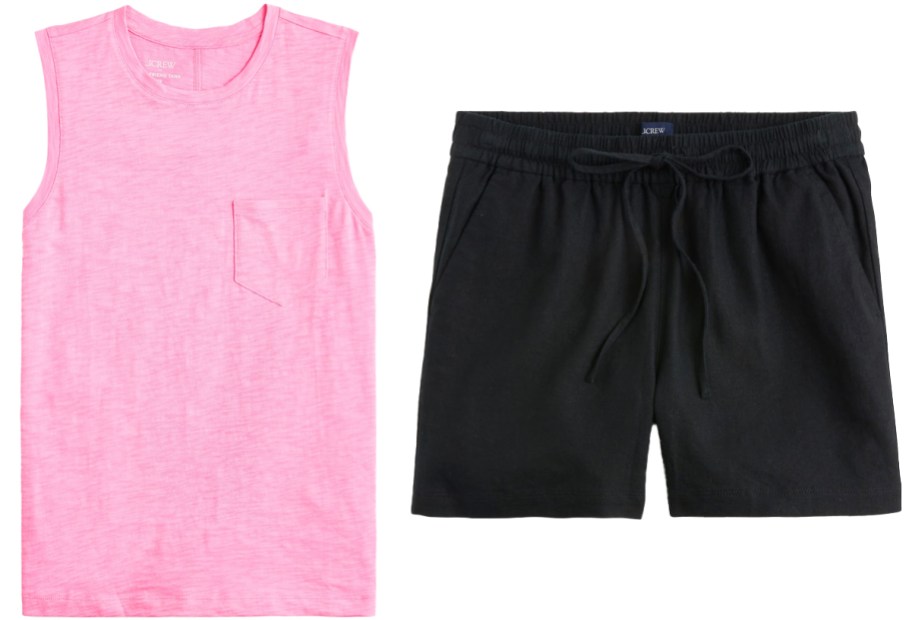 pink tank top and black shorts