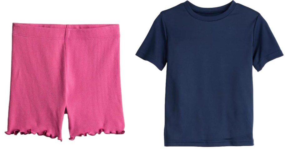 Stock images of pink shorts and navy blue tee for kids