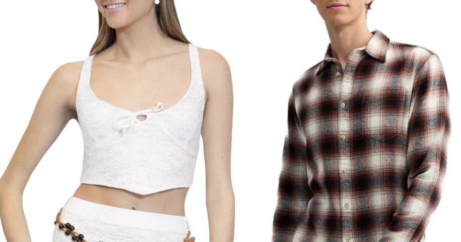Stock images of a woman wearing a white cropped tank and a man wearing a plaid flannel button down shirt