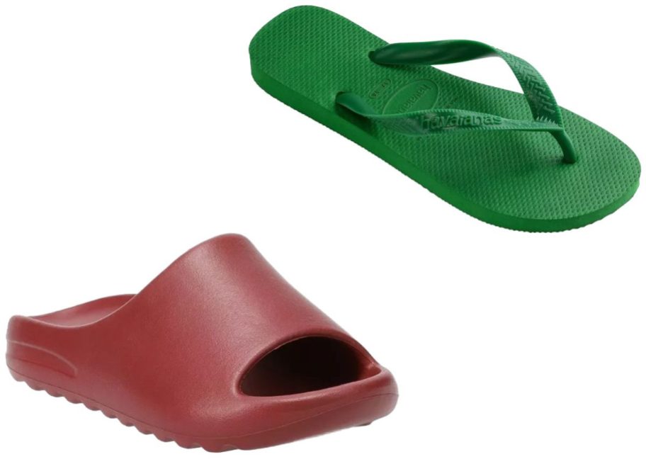 Stock images of a maroon slide for kids and green Havainas flip flop