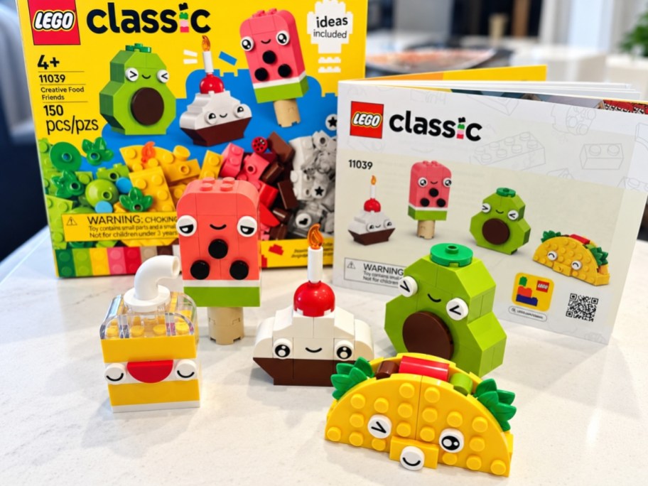 lego food friends displayed with box and directions on white countertop