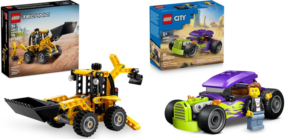 lego backhoe and hot rod sets with their boxes