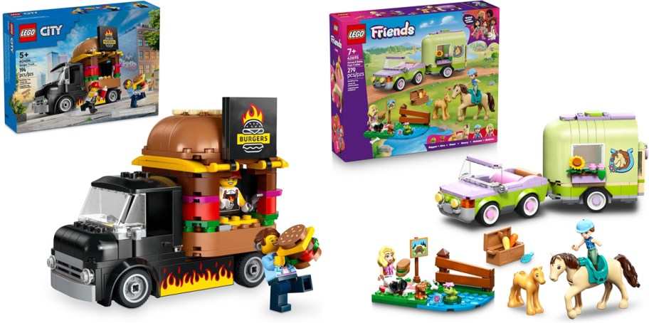 lego burger truck and horse trailer sets with their boxes