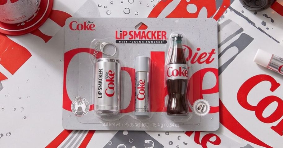 Lip Smacker Diet Coke Lip Trio on diet coke-themed table