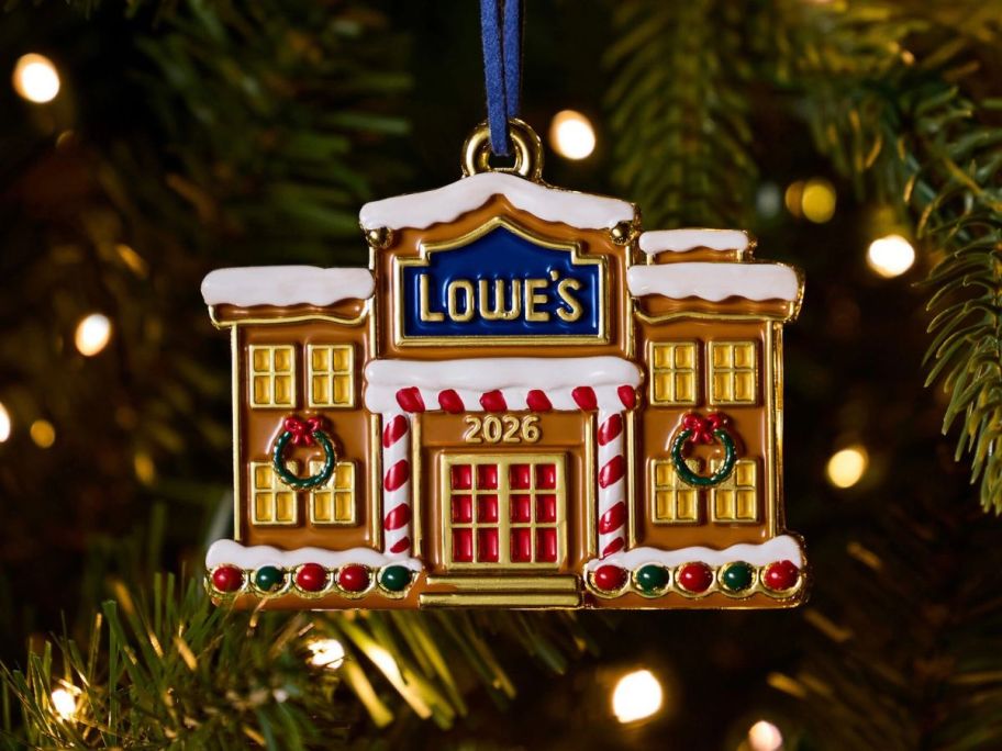 Lowe's 2026 Christmas Ornament hanging on tree