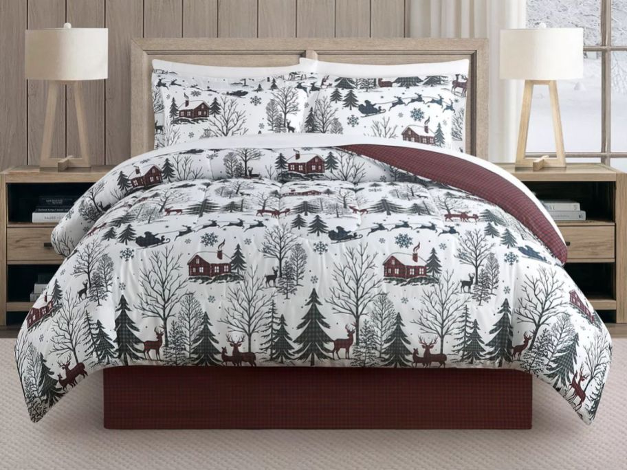 Stock image of a bed with a macy's Holiday Comforter Set