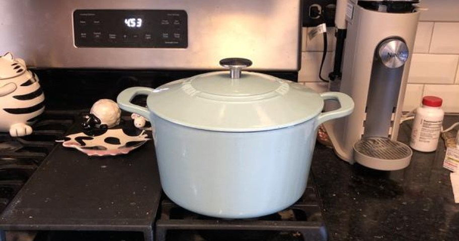 Blue Martha Stewart Dutch Oven on a stove top