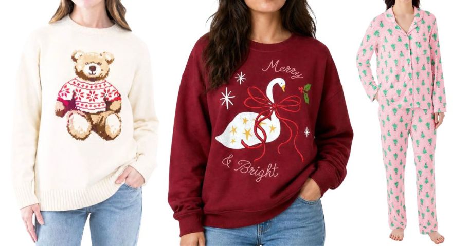 Mighty Fine Women's Icon Sweater, State of Mine Women's Holiday Sweatshirt, and DreamMark Women's 2-Piece Holiday Notch Collar Pajama Set
