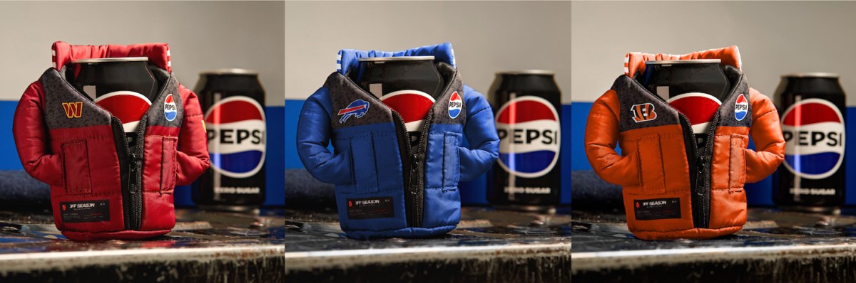 Mini puffer jackets zipped around cans of Pepsi featuring NFL teams