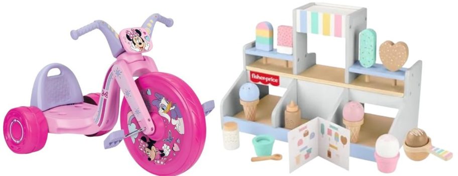 Minnie Mouse Ride-On 15" Fly Wheels Cruiser Tricycle Bike and Fisher-Price Wood Pretend Play Toy Ice Cream Shop Set
