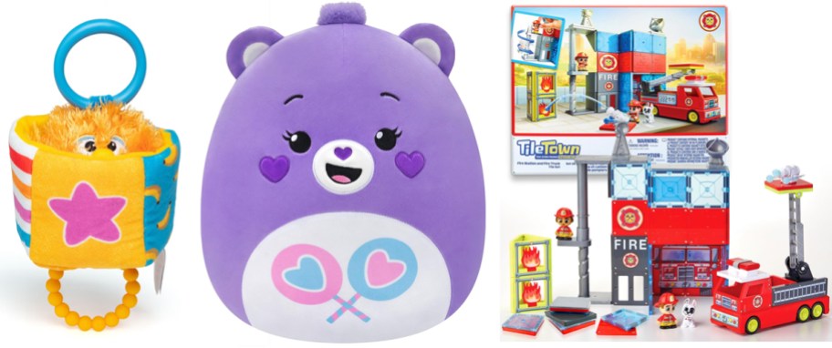 Ms. Rachel Herbie Sensory Take-Along Toy, Squishmallows Care Bears 12 Share Bear Plush, Tile Town Fire Station 66-Piece Magnetic Tiles Set
