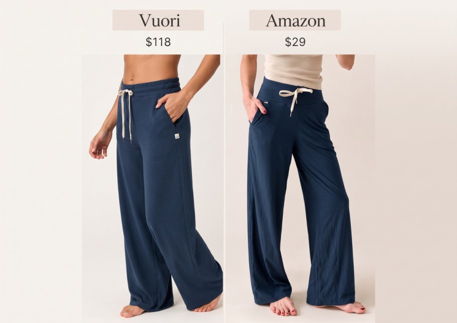 2 women modeling dark blue wide leg pants
