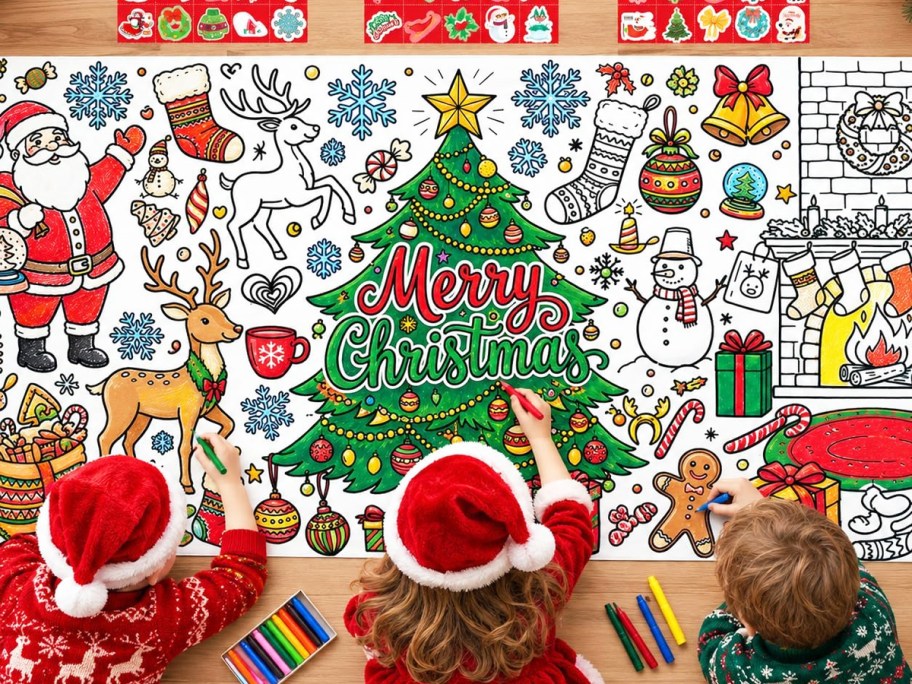 kids coloring a giant christmas poster