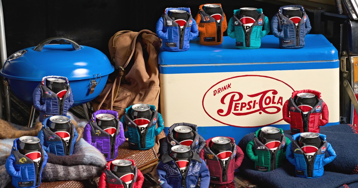 Many NFL jackets zipped around cans of Pepsi in vintage setting