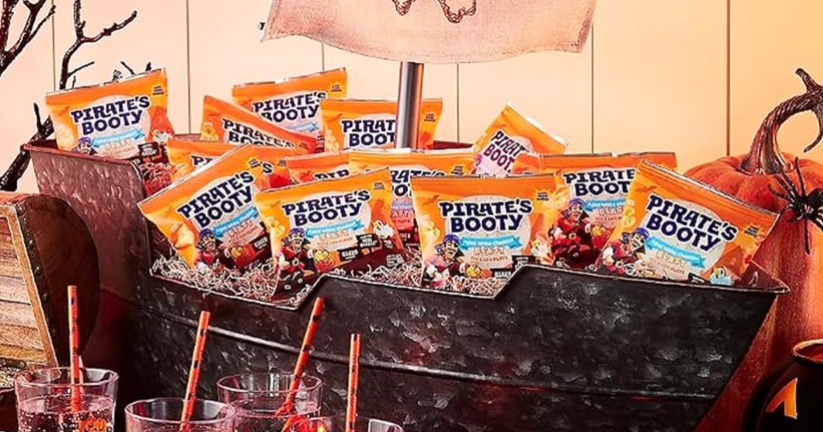 Pirate's Booty Halloween bags in a bowl on a party table