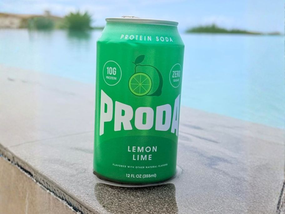 Proda Protein Soda can on ledge