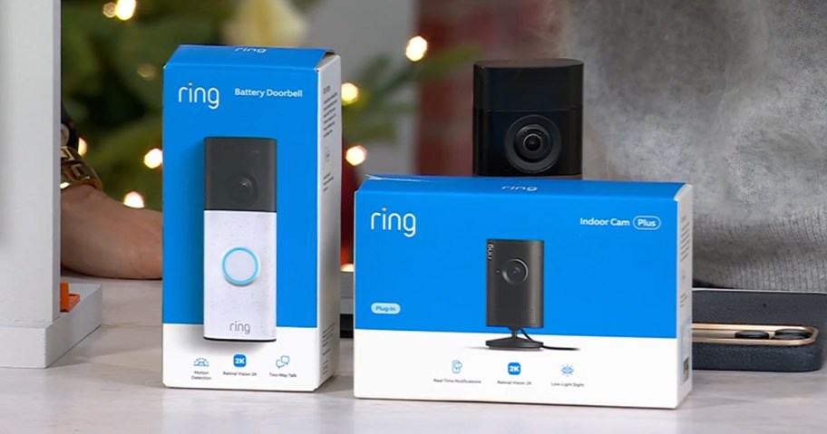 Ring Video Doorbell & Indoor Camera boxes on a table